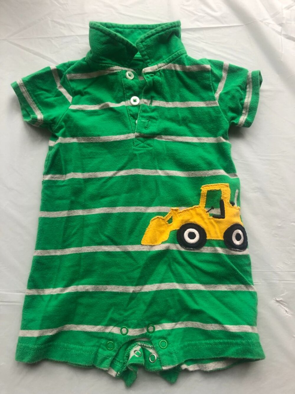 6-Months Carter's Green Onesie w/Bulldozer; Collar & White horizontal stripes